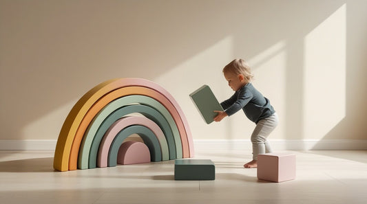 Kleinkind baut stehend mit einem großen Holz-Regenbogen und Bausteinen im skandinavischen Design von Jefani Kids.