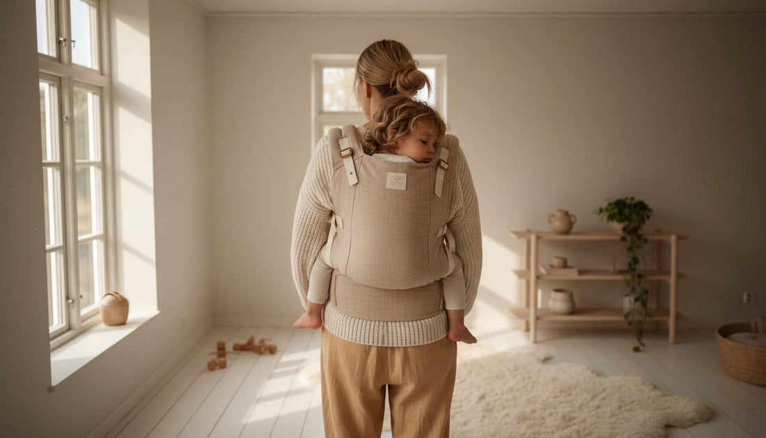 Eine Mutter von hinten in einer hellen Wohnung, die ihr Kleinkind in einer beigen, minimalistischen Babytrage auf dem Rücken trägt.