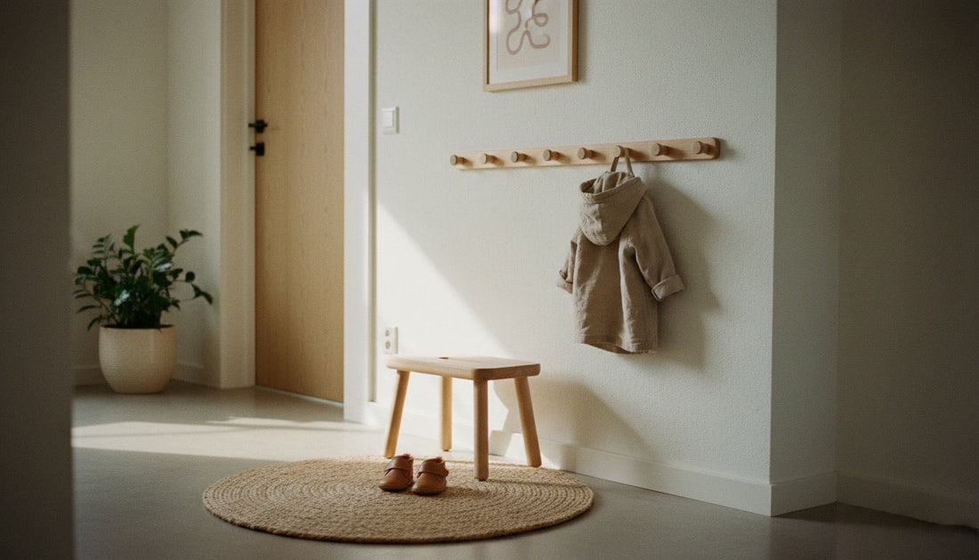 Ein minimalistisch eingerichteter Flur nach Montessori mit einem kleinen Holzhocker und niedrigen Kleiderhaken für Kinder.