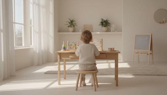Ein kleines Kind sitzt konzentriert an einem minimalistischen Holztisch im hellen Kinderzimmer und spielt mit Montessori-Spielzeug.