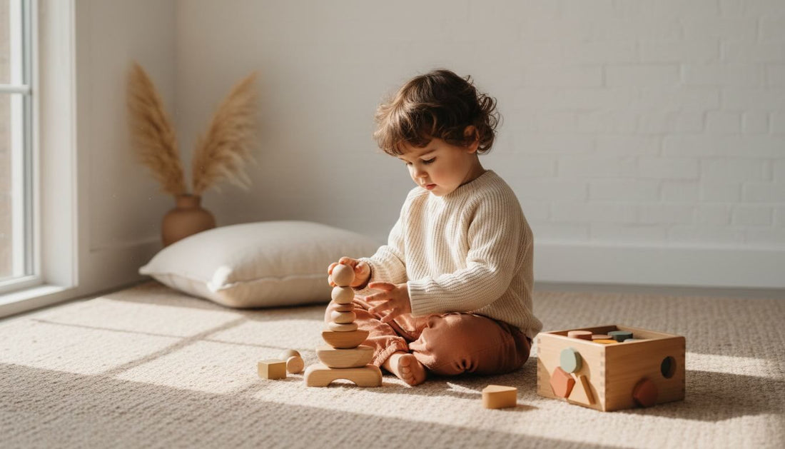 Ein Kleindkind von hinten, das ganz versunken und konzentriert an einem hellen Holztisch mit einem Montessori-Steckspiel aus Holz spielt.