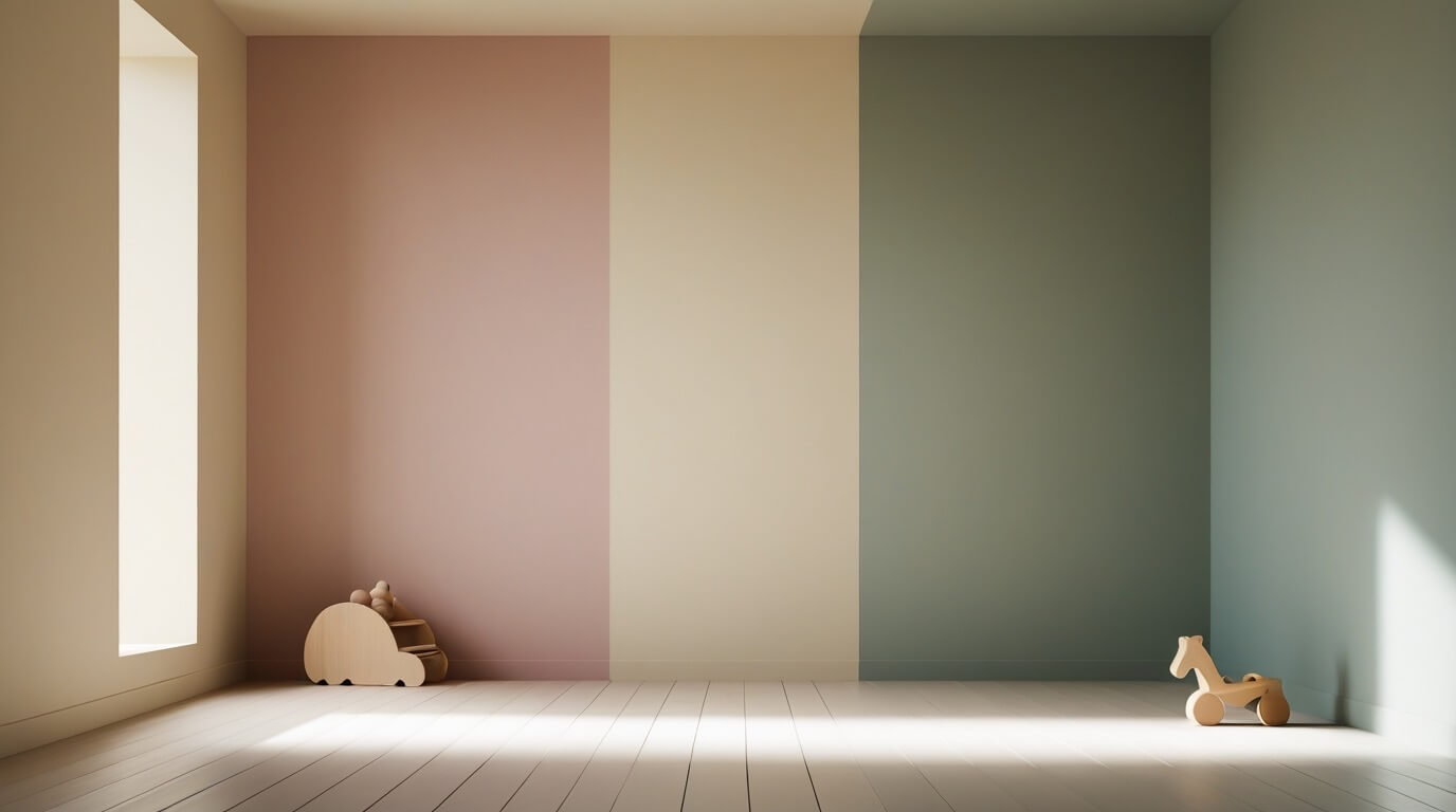 „Minimalistisches Skandi-Kinderzimmer mit zweifarbiger Wand in Altrosa und Salbeigrün als Hintergrund für die Jefani Kids Kollektion Einzigartige Einzelstücke.“