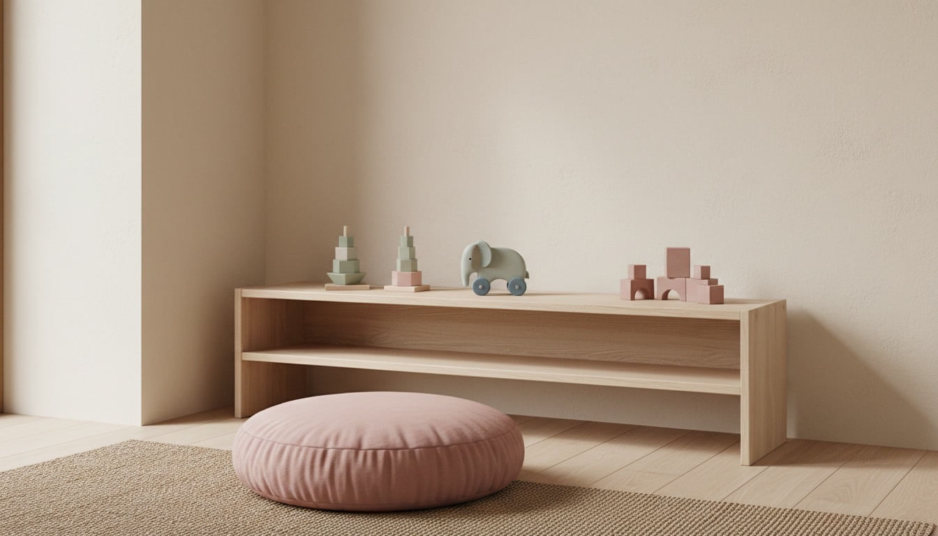 Skandinavisches Kinderzimmer mit minimalistischen Holzregal, einem Holz-Elefanten auf Rädern und reizarmen Montessori-Spielzeug in warmen Naturtönen.