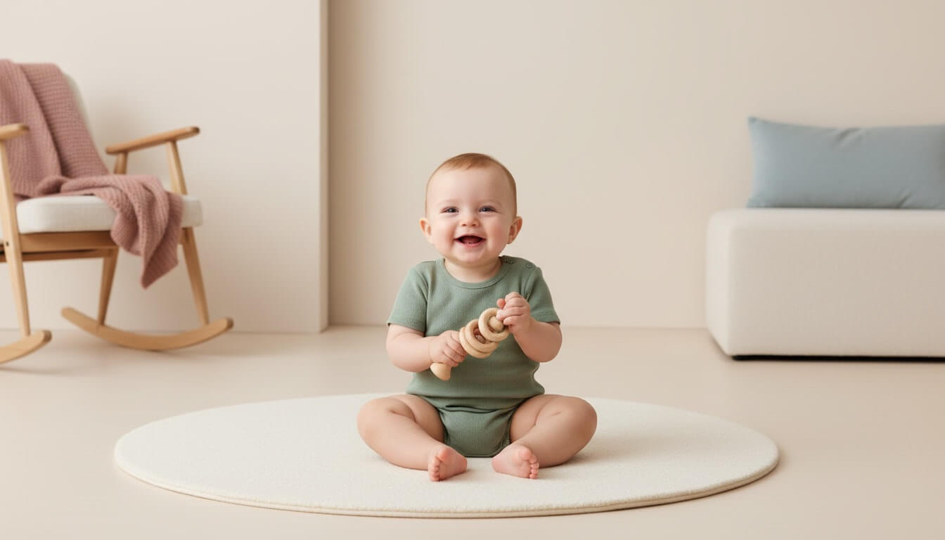 Ein glückliches Baby im salbeigrünen Body sitzt auf einer cremefarbenen Spielmatte und hält eine minimalistische Montessori-Holzrassel von Jefani Kids im skandinavischen Stil.