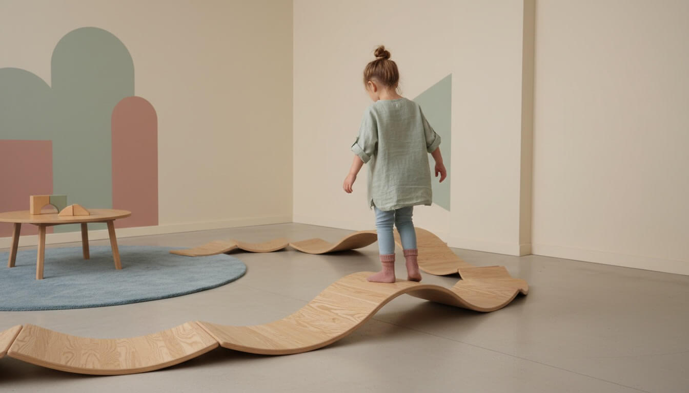 Ein Kind balanciert auf einem wellenförmigen Holz-Balancierpfad in einem minimalistisch, skandinavisch eingerichteten Kinderzimmer.