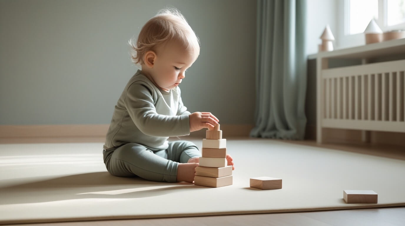 Kleinkind spielt konzentriert mit einem skandinavischen Stapelturm aus Holz auf einer cremefarbenen Spielmatte von Jefani Kids.