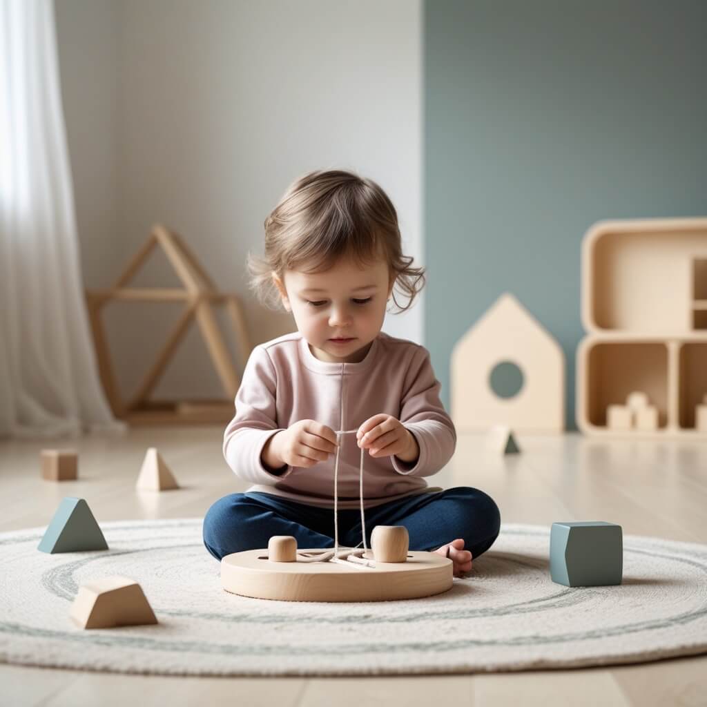 Kleinkind sitzt auf einer runden Spielmatte und fädelt konzentriert eine Schnur durch ein skandinavisches Lernspielzeug aus Holz von Jefani Kids.