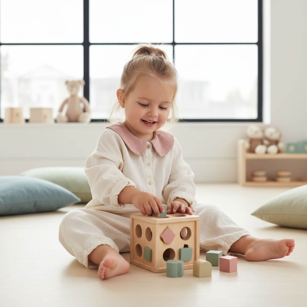 Kleinkind spielt konzentriert mit einer Montessori Steckbox aus Holz und sortiert pastellfarbene geometrische Formen.