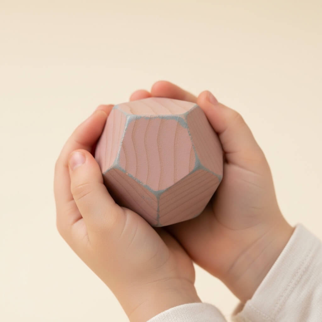 Ein Kind hält einen geometrischen Holzbaustein in Altrosa mit beiden Händen, passend zu den Werten von Jefani Kids.